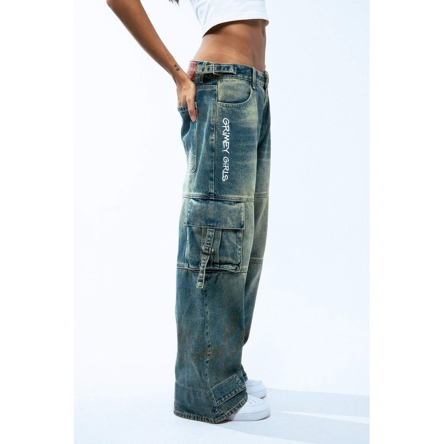 Dámske džínsy GRIMEY WEAR GIRLS BAGGY CARGO PANTS WASHED DARK BLUE modré