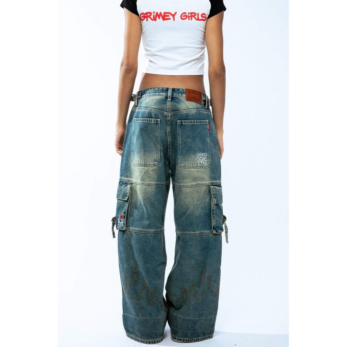 Dámske džínsy GRIMEY WEAR GIRLS BAGGY CARGO PANTS WASHED DARK BLUE modré