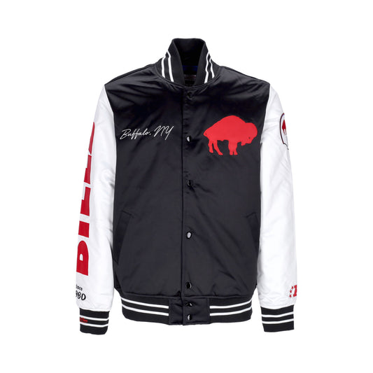 Bunda bomber Mitchell & Ness NFL Team Origins Varsity Satin Jacket Buffalo Bills čierna/biela