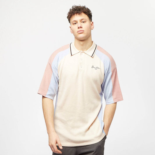 Sean John Script Logo 3D Knit Poloshirt Beige/Light Blue/Rose