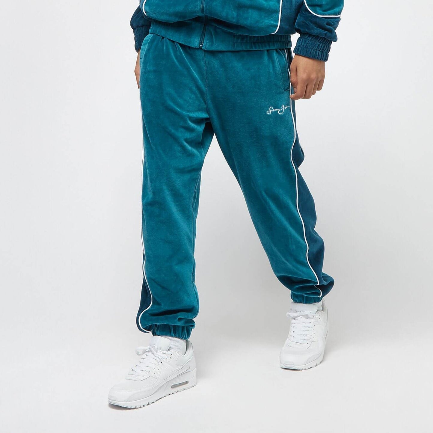 Sean John Script Logo Colorblock Velvet Trackpants Light Petrol/Dark Petrol