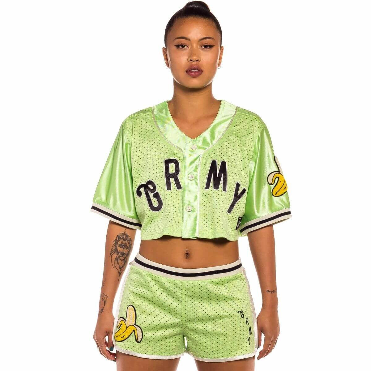 GRMY GRIMEY WEAR JUNGLE PUNCH GIRL MESH CROP BASEBALL JERSEY GREEN