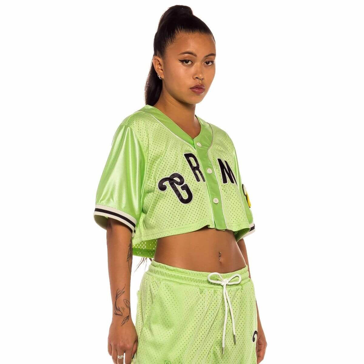 GRMY GRIMEY WEAR JUNGLE PUNCH GIRL MESH CROP BASEBALL JERSEY GREEN