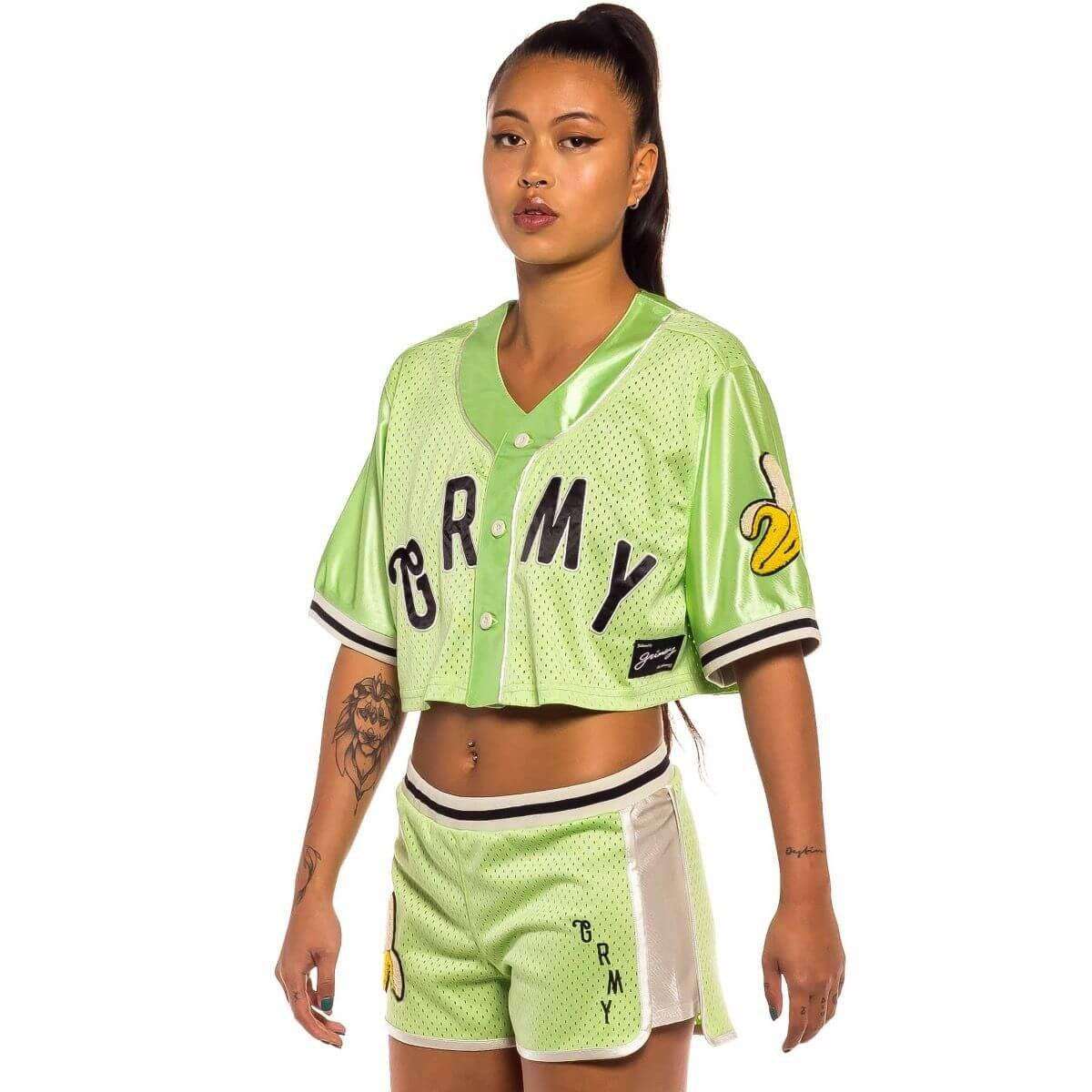 GRMY GRIMEY WEAR JUNGLE PUNCH GIRL MESH CROP BASEBALL JERSEY GREEN