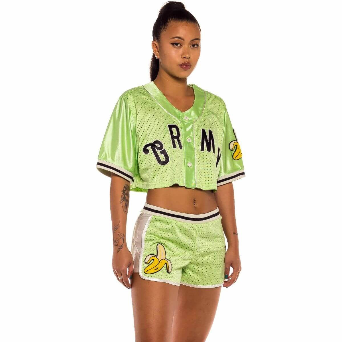 GRMY GRIMEY WEAR JUNGLE PUNCH GIRL MESH CROP BASEBALL JERSEY GREEN