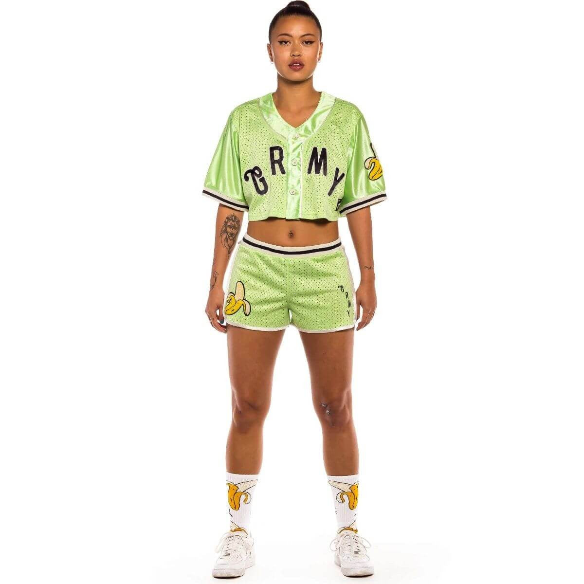 GRMY GRIMEY WEAR JUNGLE PUNCH GIRL MESH CROP BASEBALL JERSEY GREEN