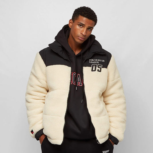 Zimná bunda FUBU Varsity Teddy Puffer Jacket krémova biela/čierna