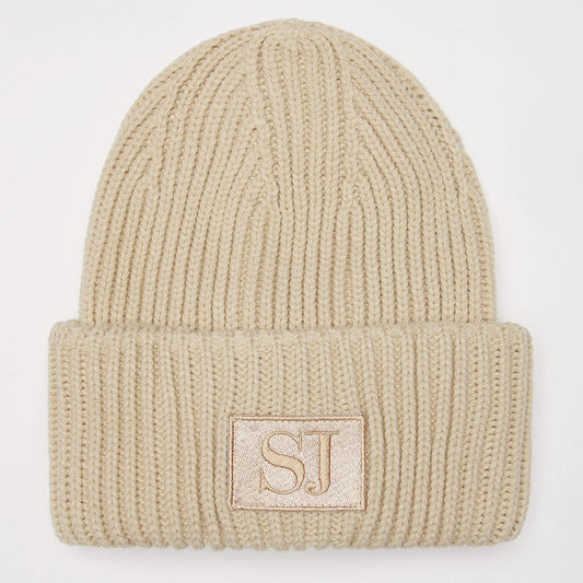 Sean John Monogram Patch Knit Beanie beige