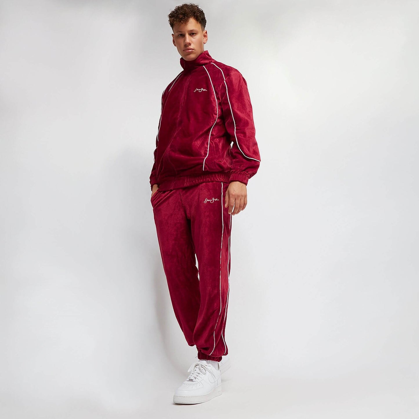 Sean John Script Logo Velours Corduroy Trackjacket Dark Red