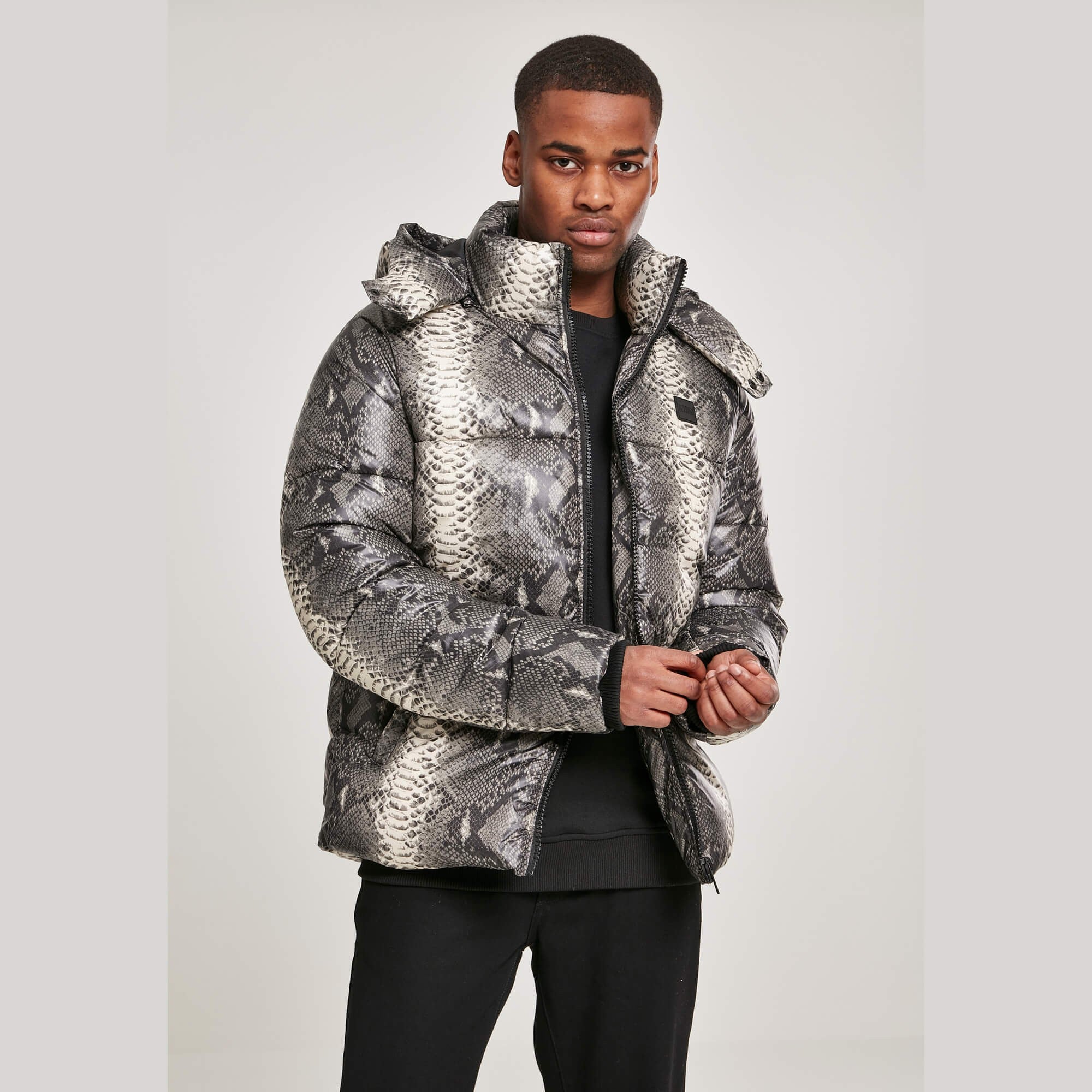Urban Classics Hooded Aop Puffer Jacket Grey Snake BBALLTOWN