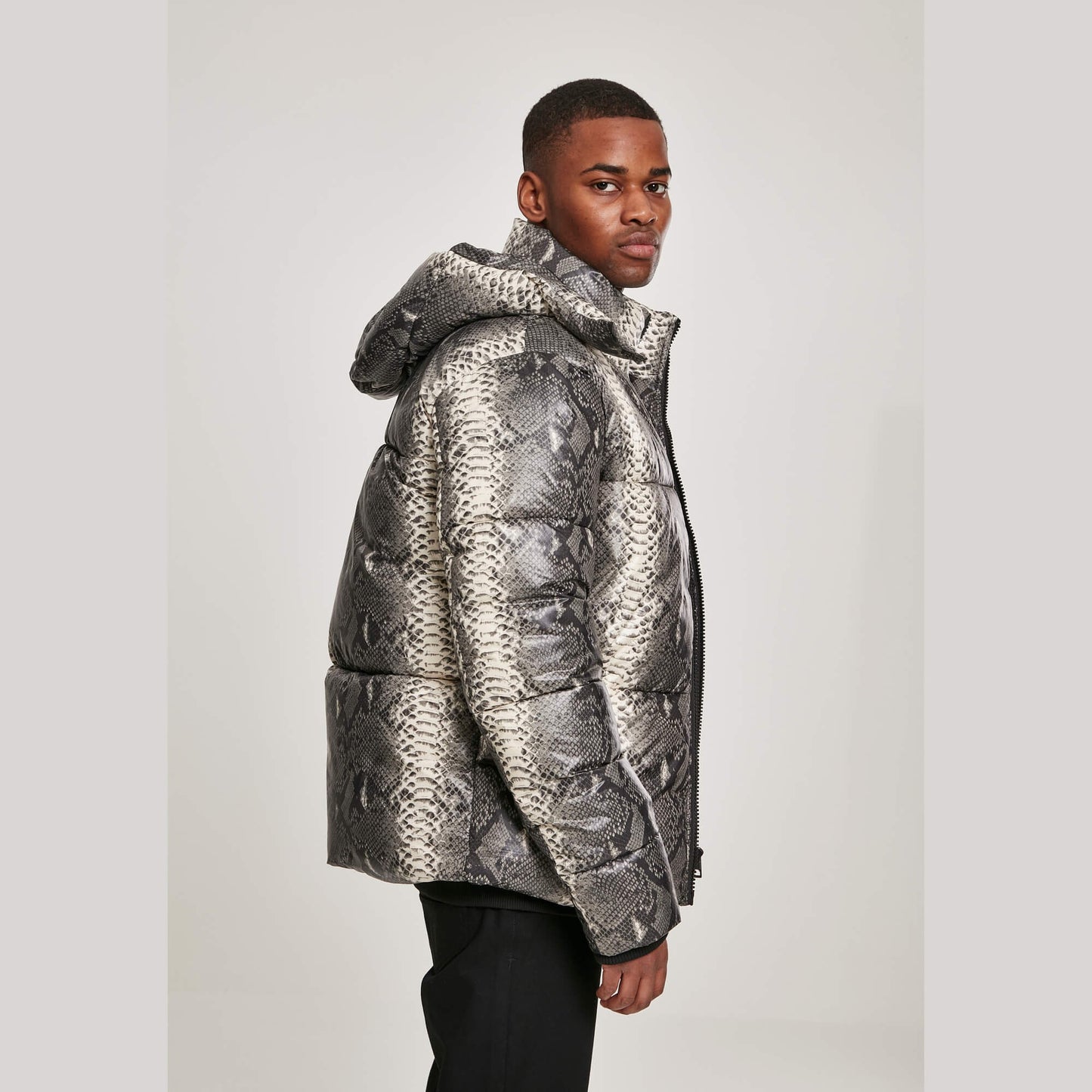 Urban Classics Hooded Aop Puffer Jacket Grey Snake