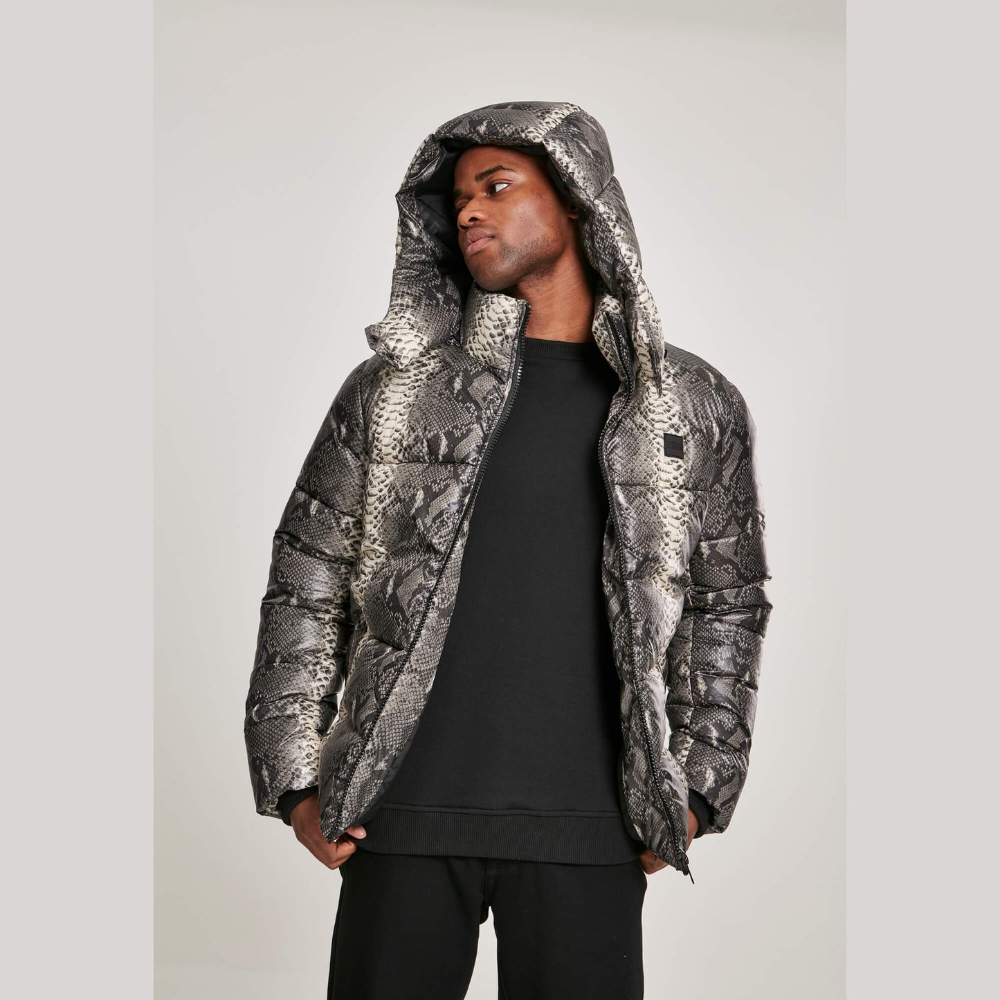 Urban Classics Hooded Aop Puffer Jacket Grey Snake