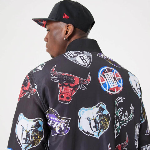 NBA All Over Print Team Logos Black Bomber Jacket