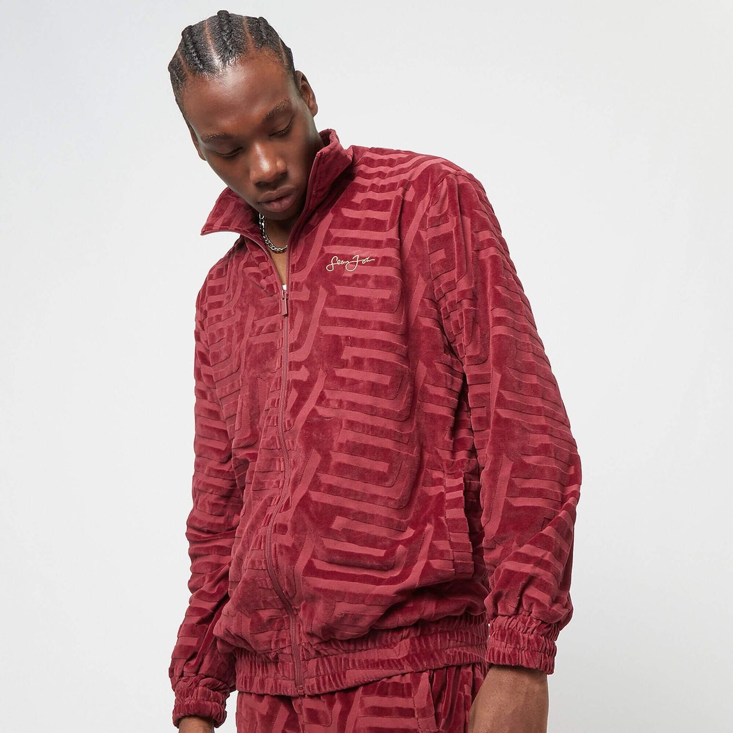 Sean John SJ Script Logo Geometric Devorèe Velours Trackjacket dark red