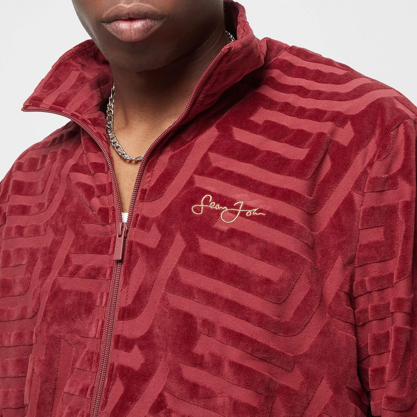 Sean John SJ Script Logo Geometric Devorèe Velours Trackjacket dark red