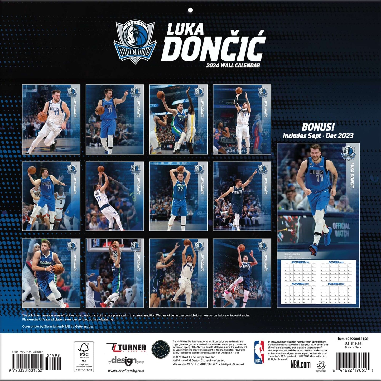 TURNER SPORTS NBA 2024 (30x60 cm) WALL CALENDAR DALLAS MAVERICKS LUKA DONCIC