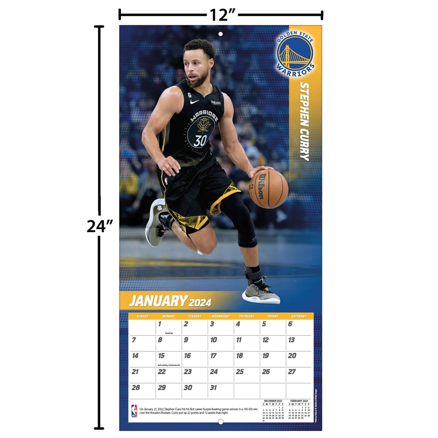 TURNER SPORTS NBA 2024 (30x60 cm) WALL CALENDAR GOLDEN STATE WARRIORS STEPHEN CURRY