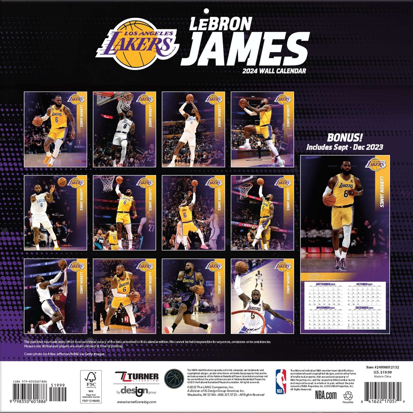 TURNER SPORTS NBA 2024 (30x60 cm) WALL CALENDAR LOS ANGELES LAKERS LEBRON JAMES