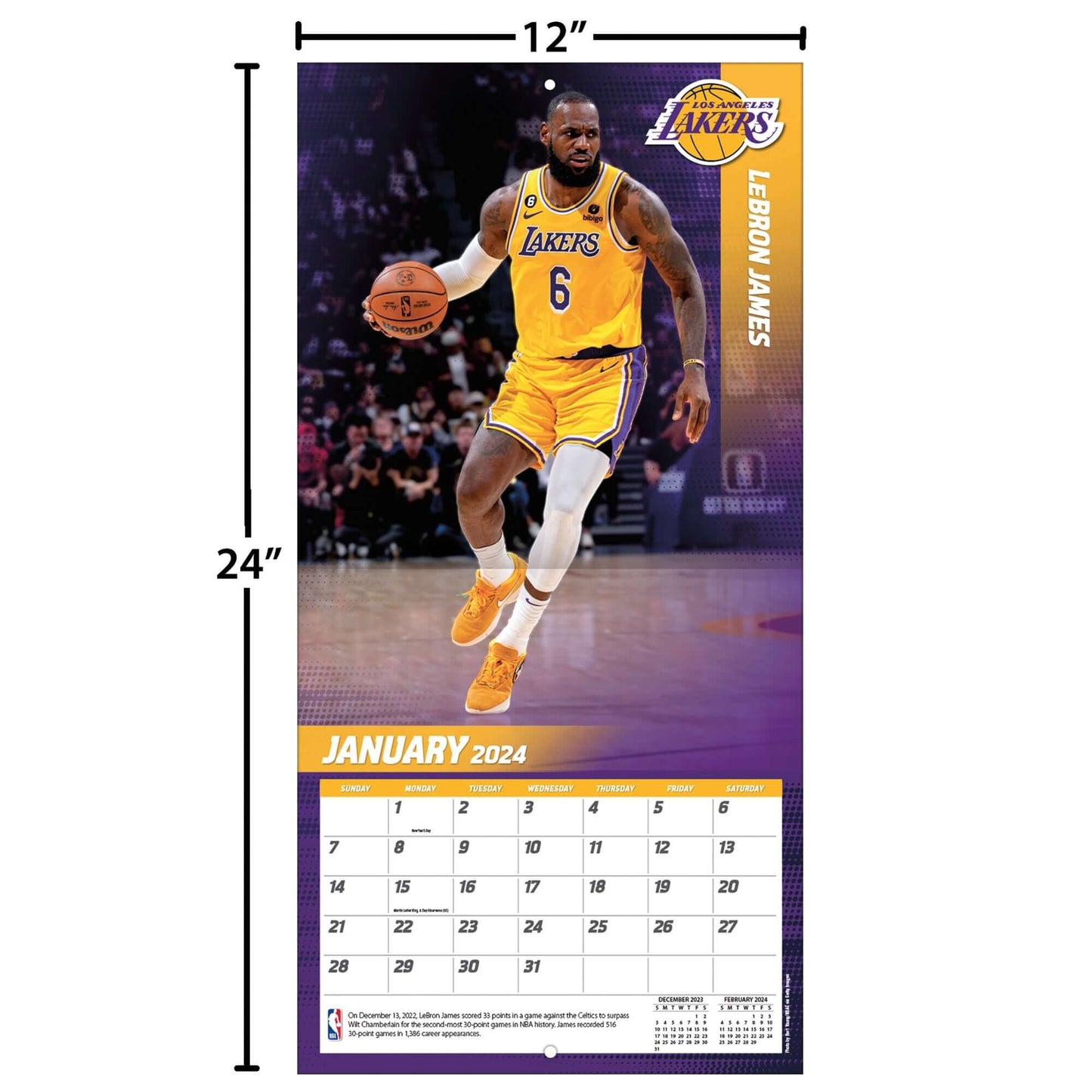 TURNER SPORTS NBA 2024 (30x60 cm) WALL CALENDAR LOS ANGELES LAKERS LEBRON JAMES