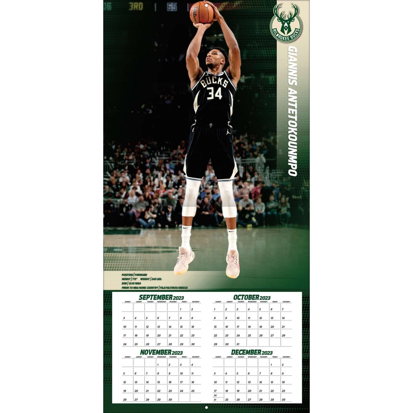 TURNER SPORTS NBA 2024 (30x60 cm) WALL CALENDAR MILWAUKEE BUCKS GIANNIS ANTETOKOUNMPO