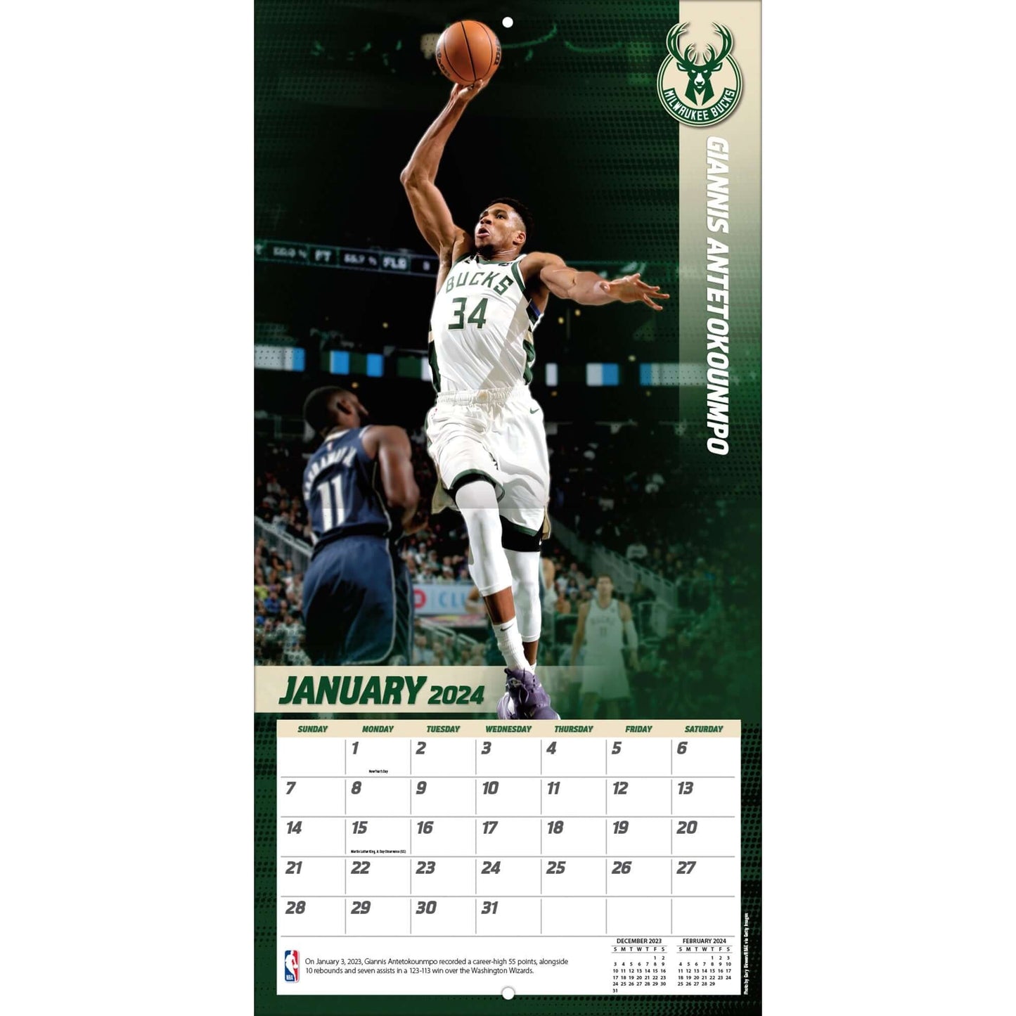 TURNER SPORTS NBA 2024 (30x60 cm) WALL CALENDAR MILWAUKEE BUCKS GIANNIS ANTETOKOUNMPO