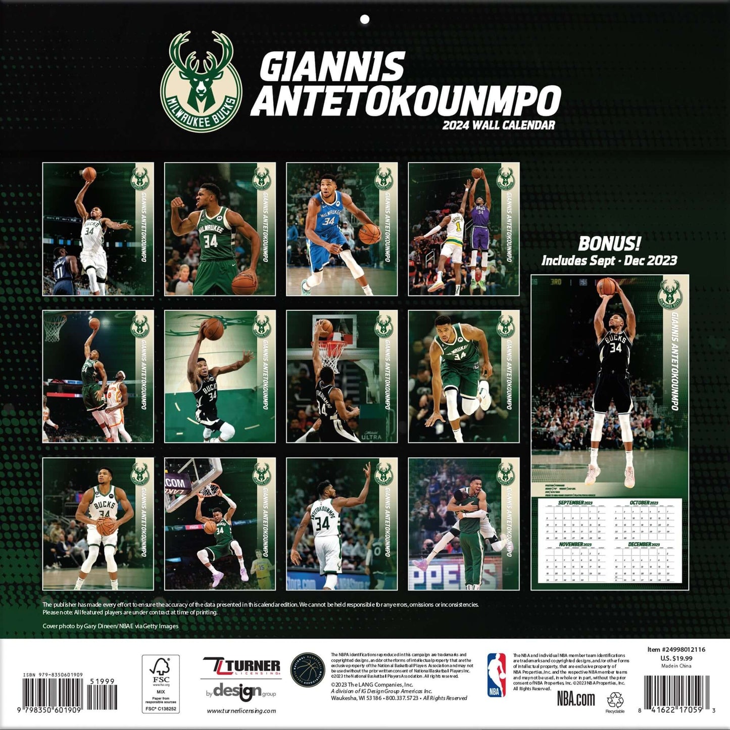 TURNER SPORTS NBA 2024 (30x60 cm) WALL CALENDAR MILWAUKEE BUCKS GIANNIS ANTETOKOUNMPO