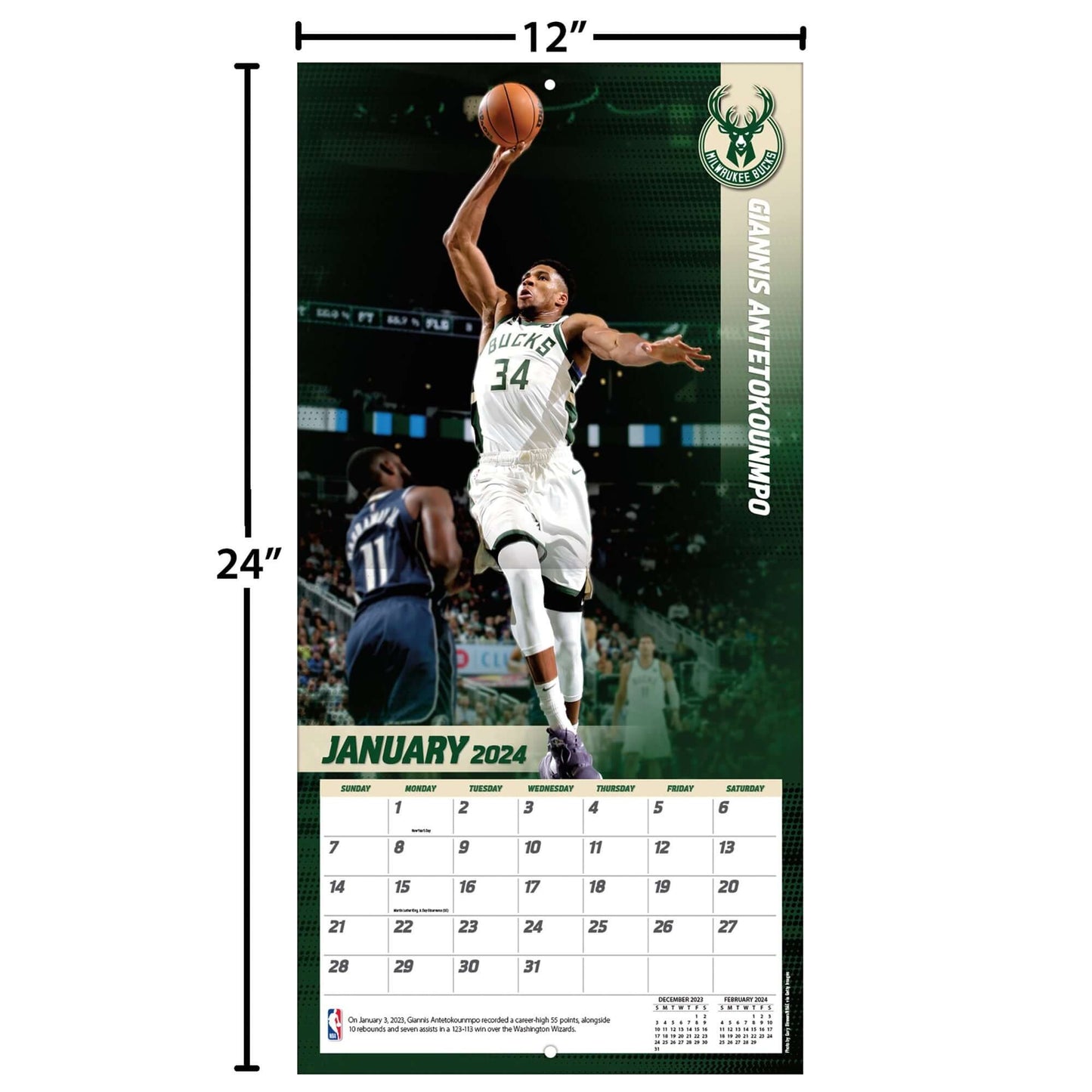 TURNER SPORTS NBA 2024 (30x60 cm) WALL CALENDAR MILWAUKEE BUCKS GIANNIS ANTETOKOUNMPO