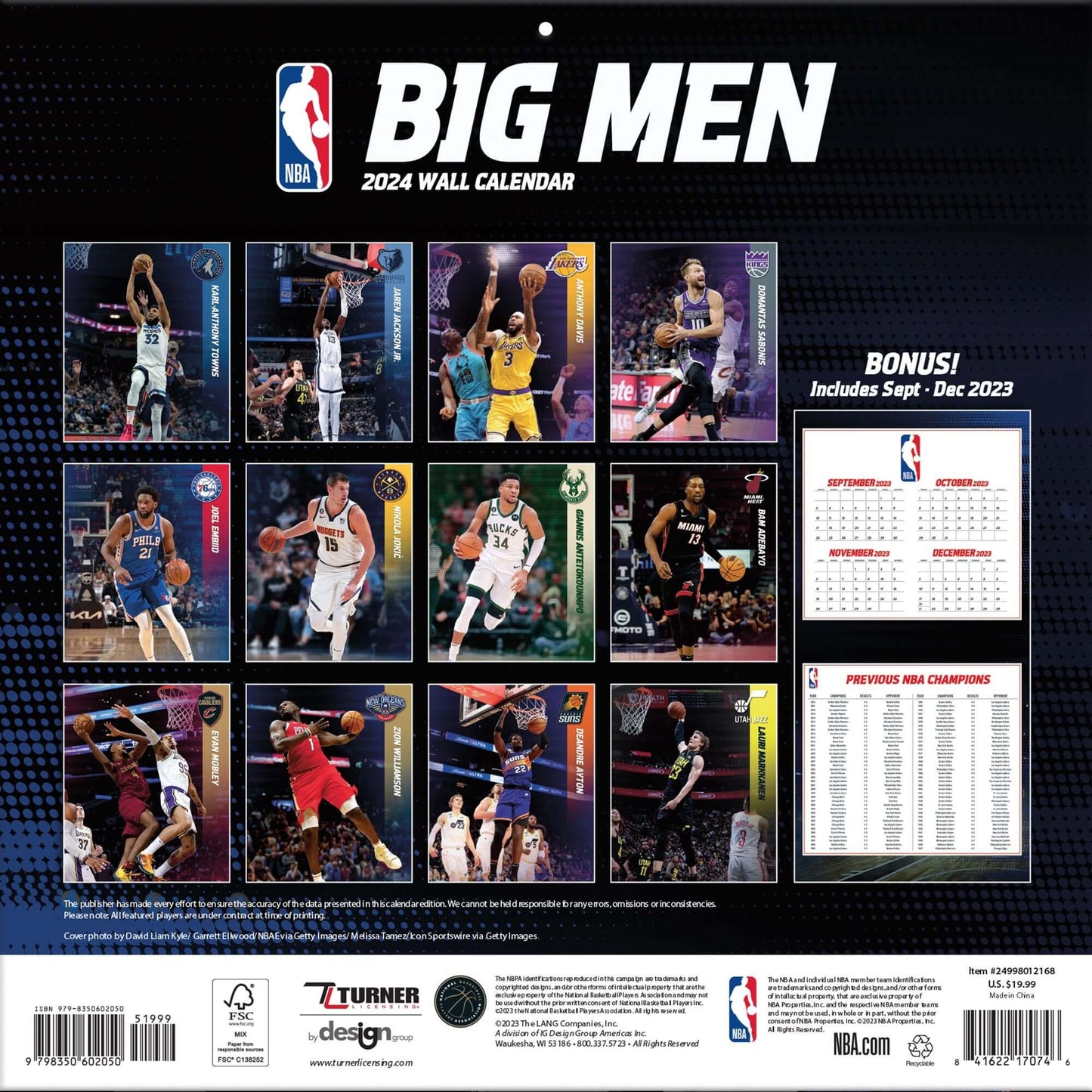 TURNER SPORTS NBA 2024 (30x60 cm) WALL CALENDAR NBA BIG MEN