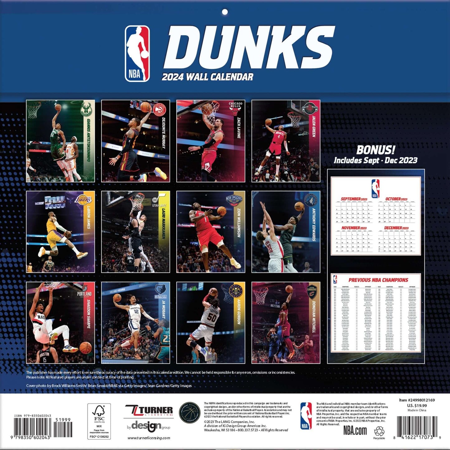 TURNER SPORTS NBA 2024 (30x60 cm) WALL CALENDAR NBA DUNKS