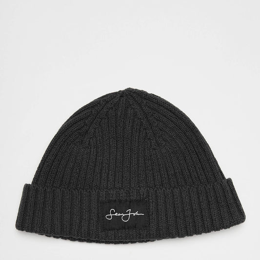 Sean John Script Logo Rib Knit Short Beanie Black