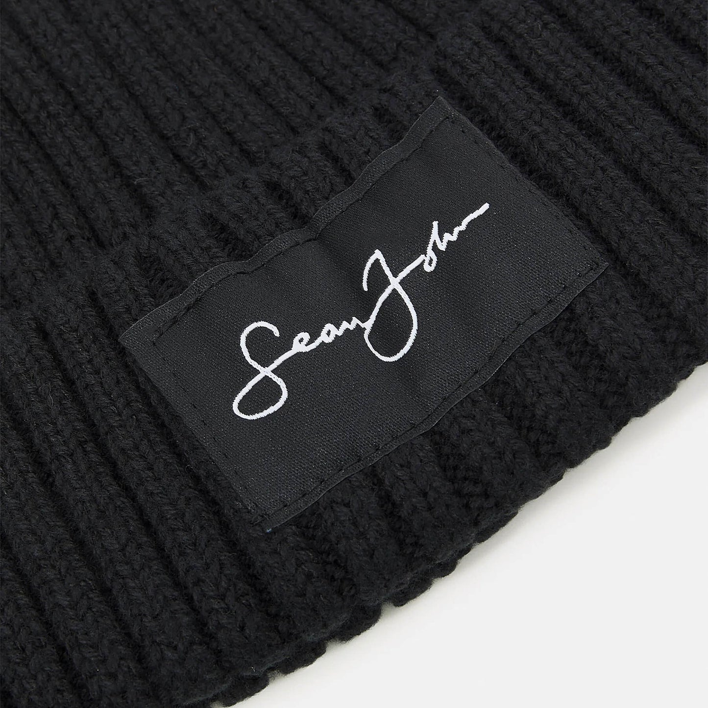 Sean John Script Logo Rib Knit Short Beanie Black