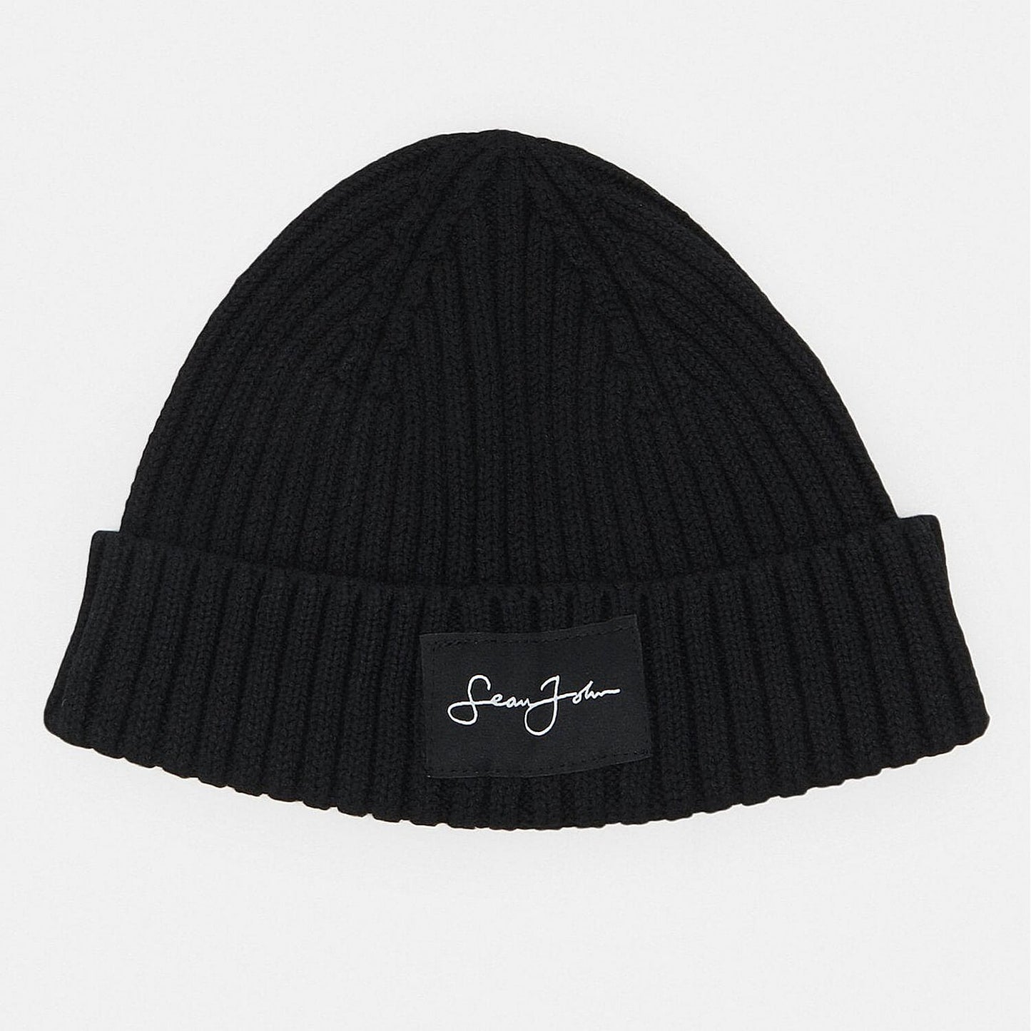 Sean John Script Logo Rib Knit Short Beanie Black