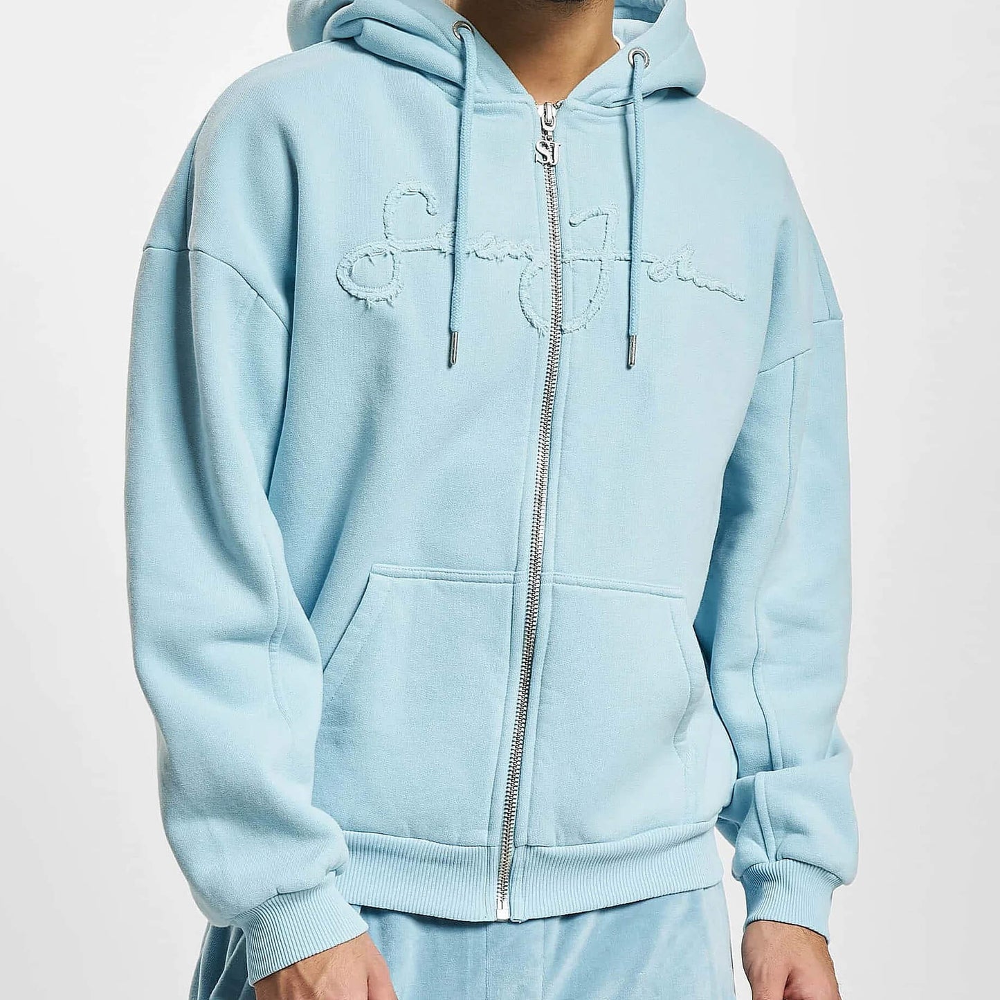 Sean John SJ Script Logo Distressed Zip Hoodie - light blue