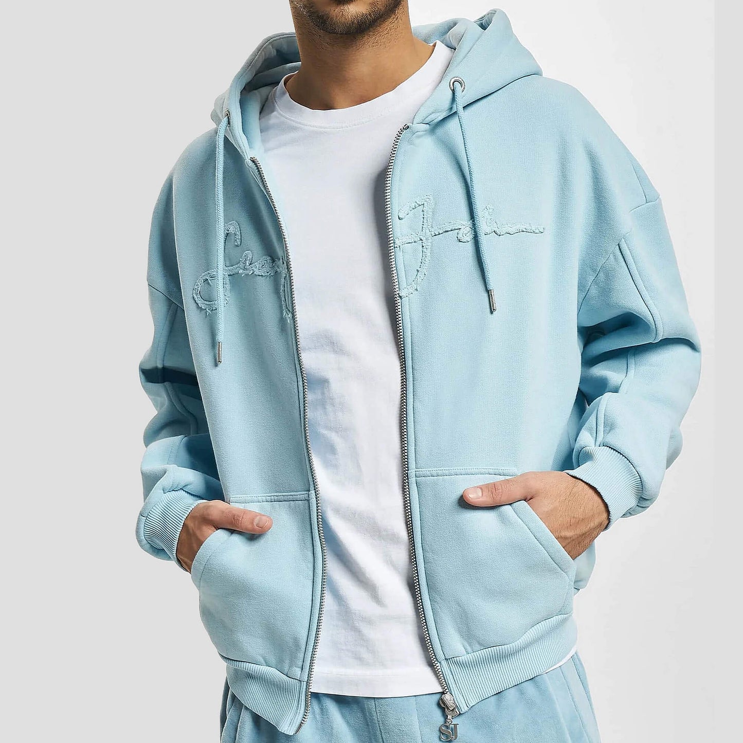 Sean John SJ Script Logo Distressed Zip Hoodie - light blue