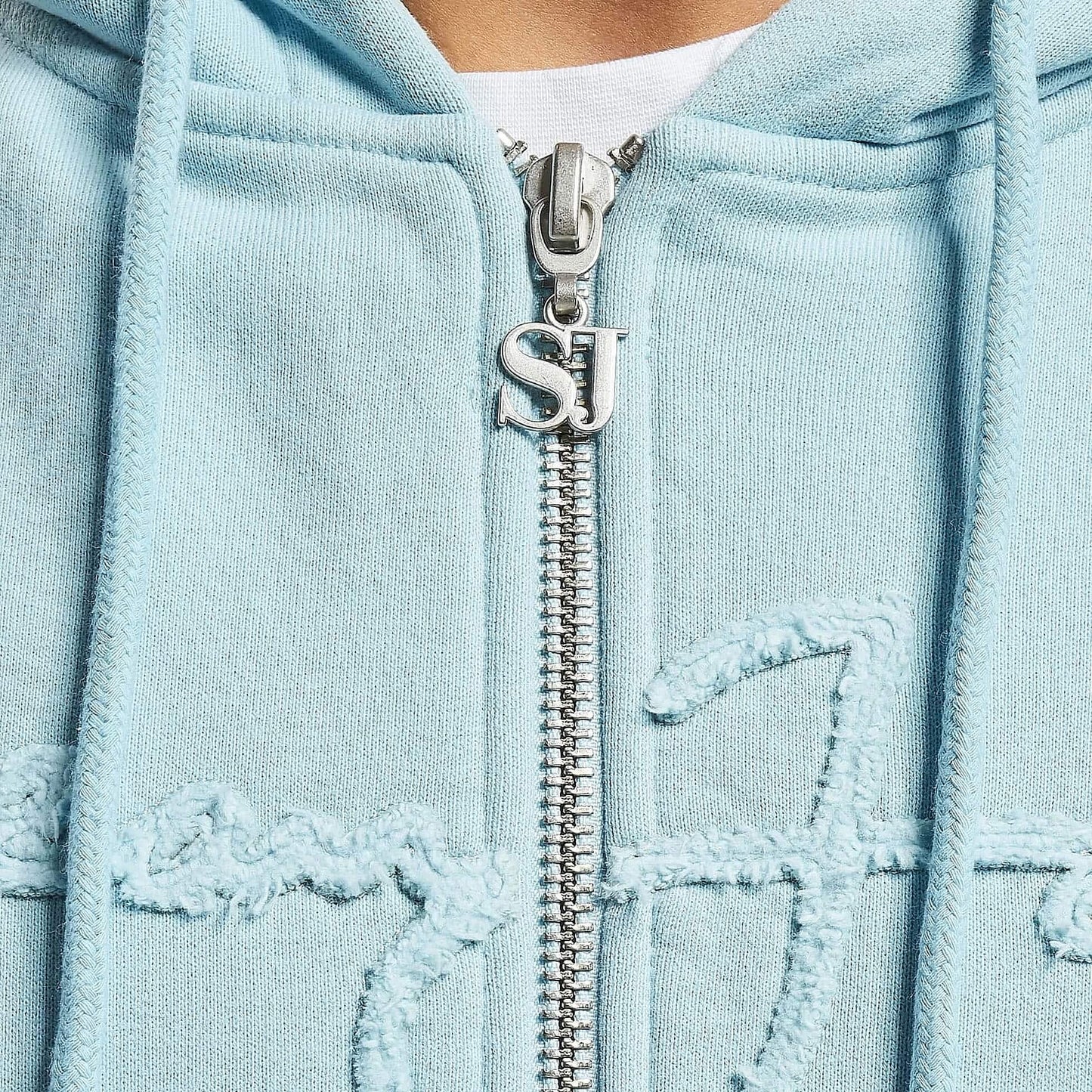 Sean John SJ Script Logo Distressed Zip Hoodie - light blue