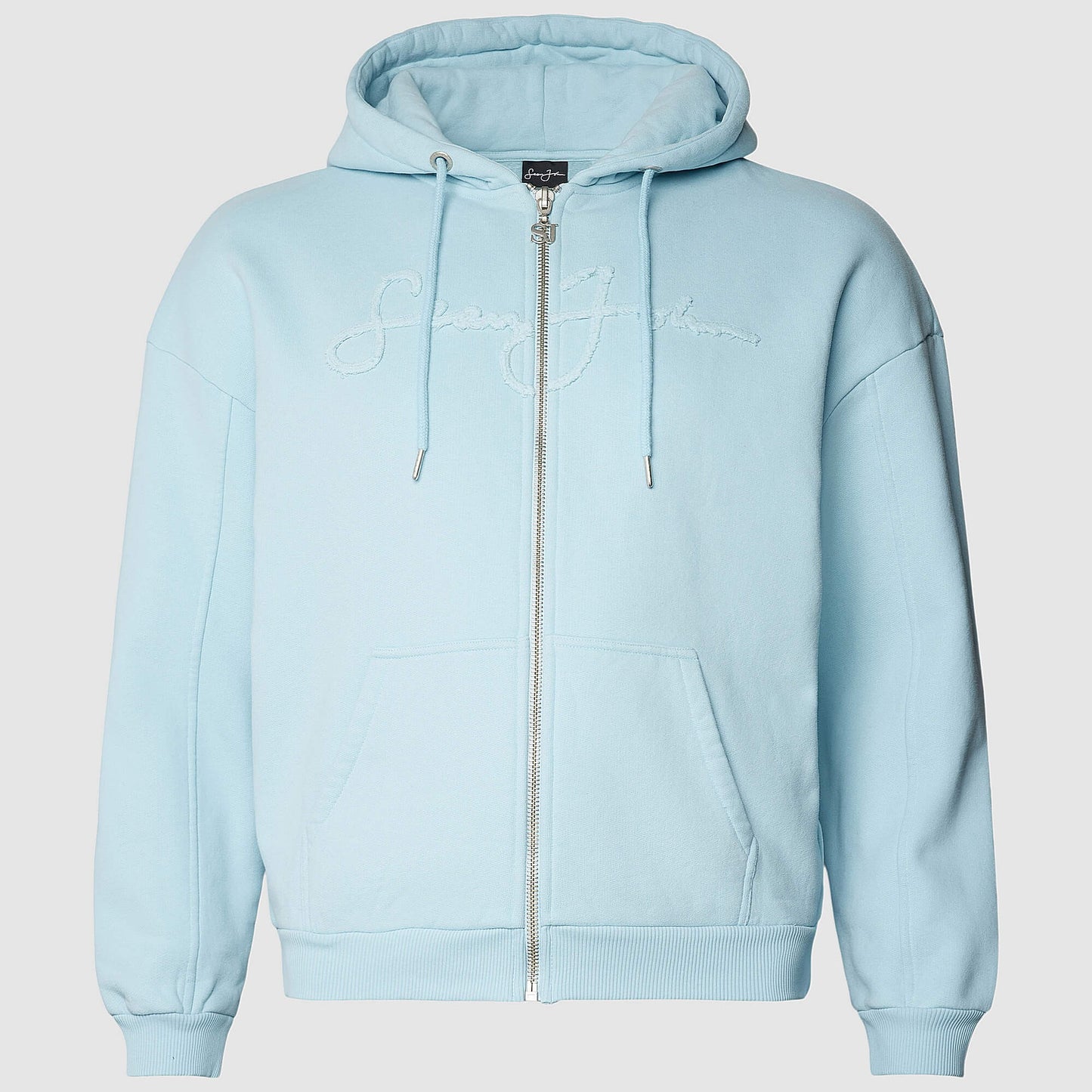 Sean John SJ Script Logo Distressed Zip Hoodie - light blue