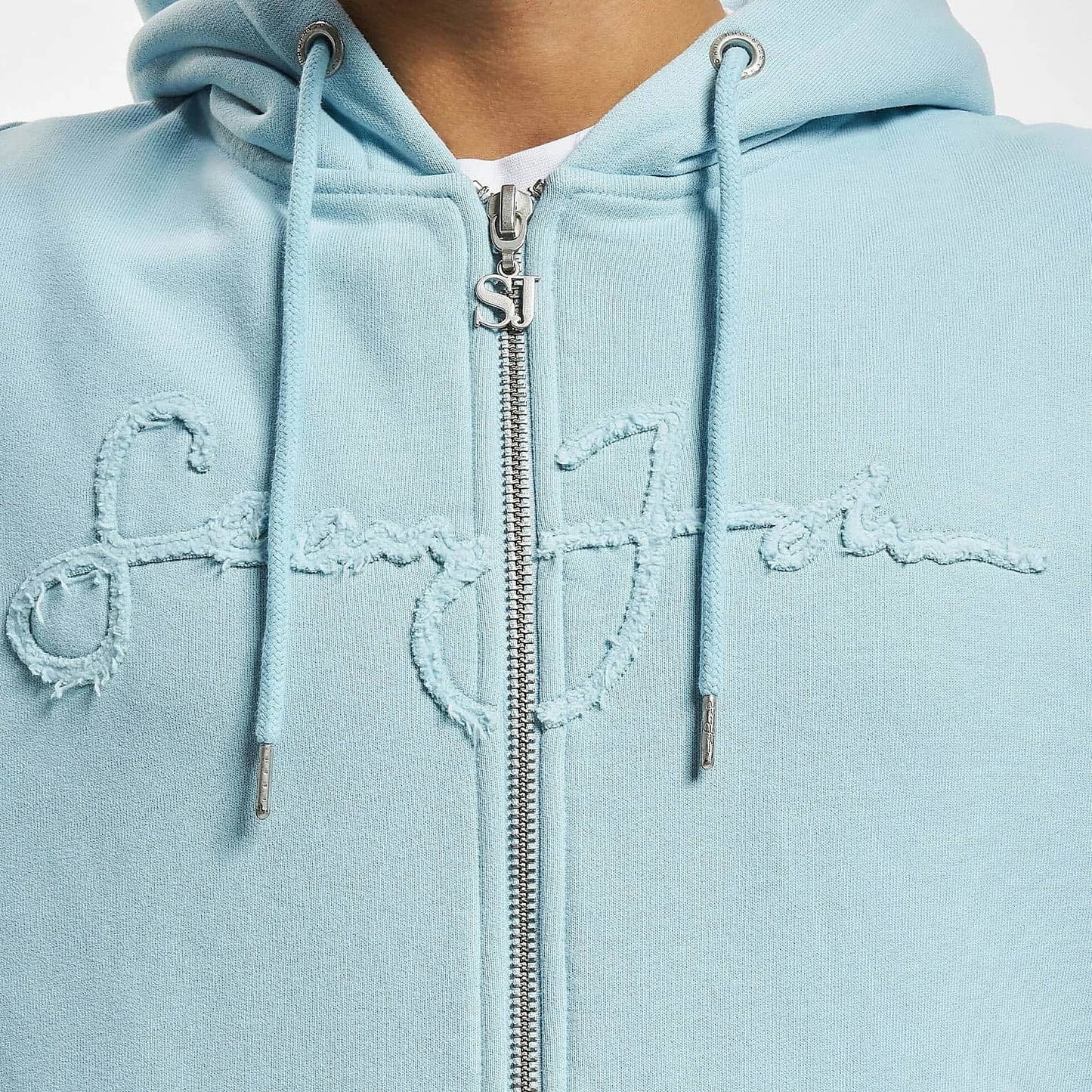 Sean John SJ Script Logo Distressed Zip Hoodie - light blue